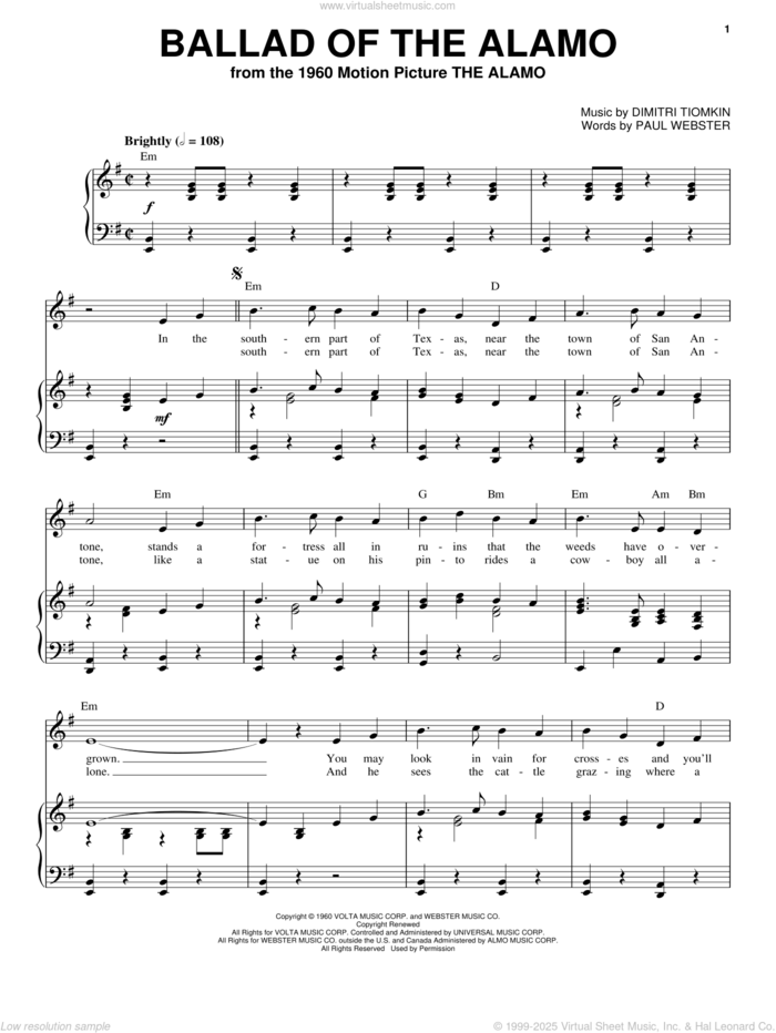 Ballad Of The Alamo sheet music for voice, piano or guitar by Dimitri Tiomkin and Paul Francis Webster, intermediate skill level