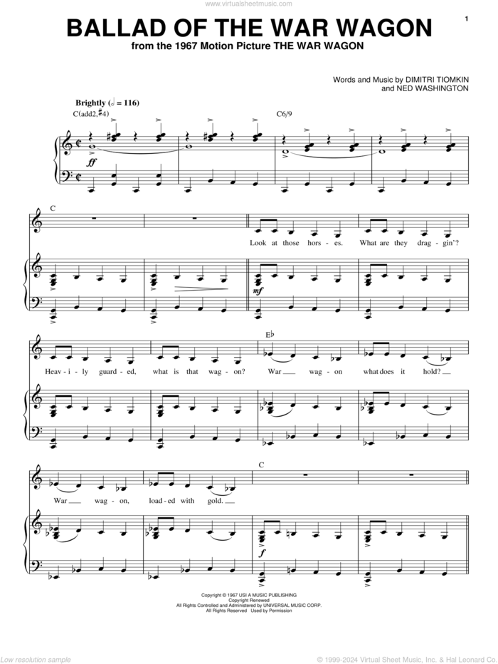 Ballad Of The War Wagon sheet music for voice, piano or guitar by Dimitri Tiomkin and Ned Washington, intermediate skill level