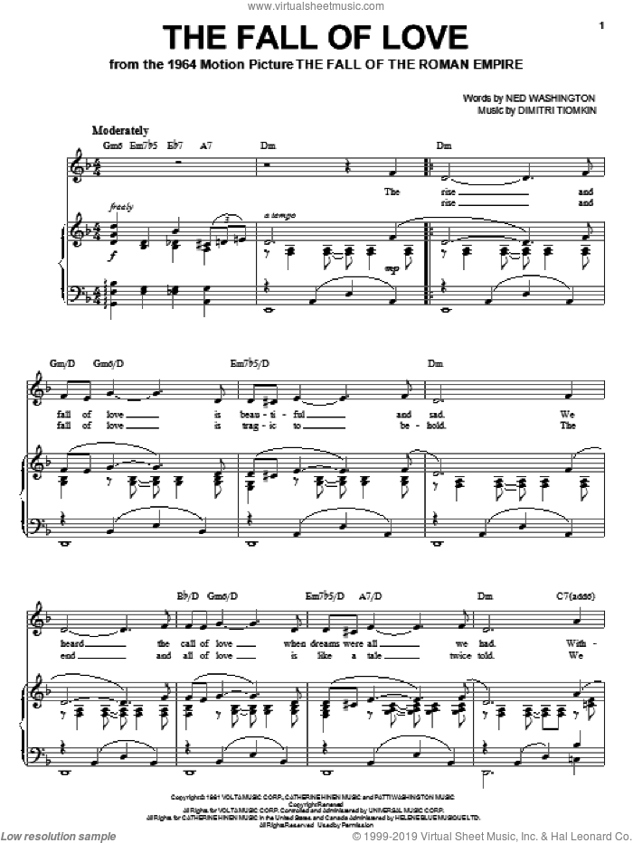 The Fall Of Love sheet music for voice, piano or guitar by Dimitri Tiomkin and Ned Washington, intermediate skill level