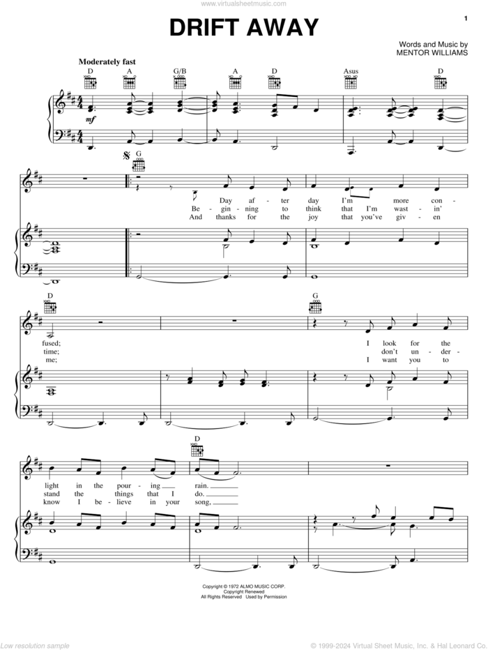 Drift Away sheet music for voice, piano or guitar by Uncle Kracker, Dobie Gray and Mentor Williams, intermediate skill level