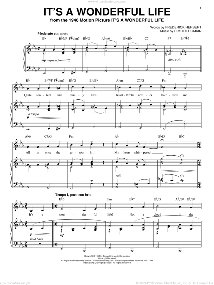 It's A Wonderful Life sheet music for voice, piano or guitar by Dimitri Tiomkin and Frederick Herbert, intermediate skill level