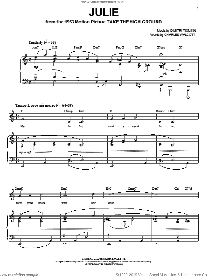 Julie sheet music for voice, piano or guitar by Dimitri Tiomkin and Charles Walcott, intermediate skill level