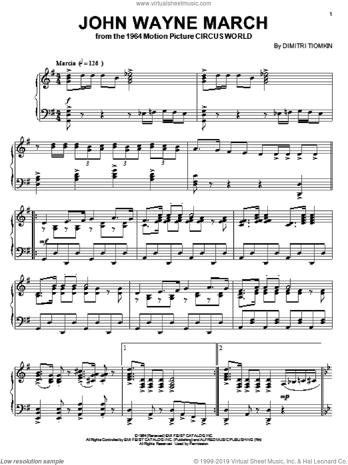 John Wayne March sheet music for piano solo by Dimitri Tiomkin, intermediate skill level