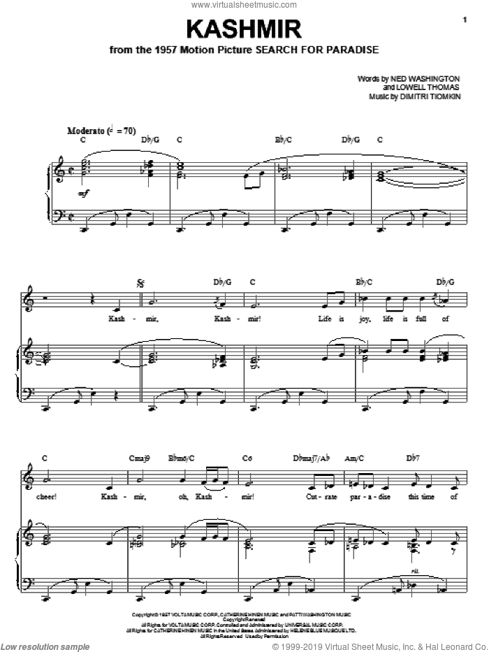 Kashmir sheet music for voice, piano or guitar by Dimitri Tiomkin, Lowell Thomas and Ned Washington, intermediate skill level
