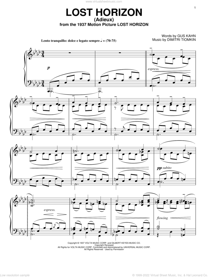 Lost Horizon sheet music for piano solo by Dimitri Tiomkin and Gus Kahn, intermediate skill level