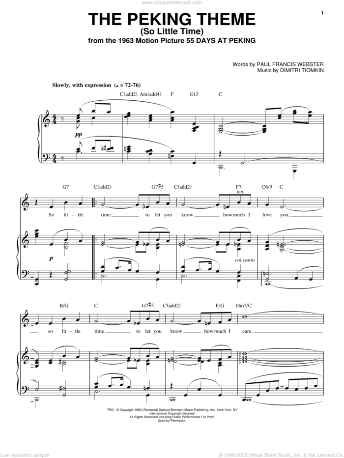 The Peking Theme (So Little Time) sheet music for voice, piano or guitar by Dimitri Tiomkin and Paul Francis Webster, intermediate skill level