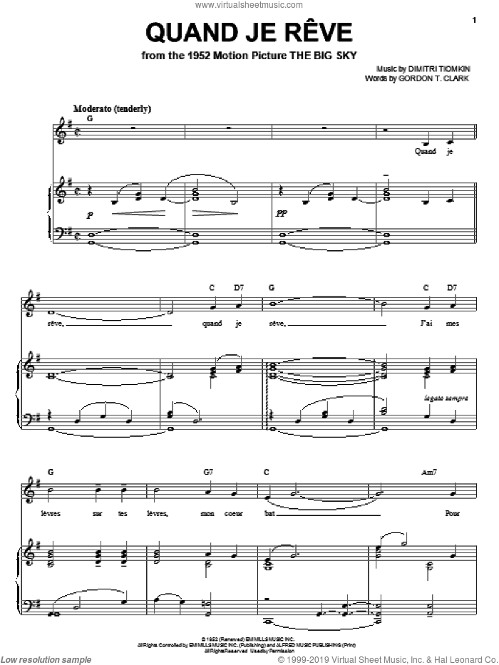Quand Je Reve sheet music for voice, piano or guitar by Dimitri Tiomkin and Gordon T. Clark, intermediate skill level