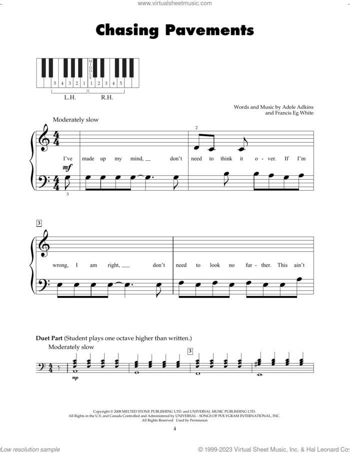 Chasing Pavements sheet music for piano solo (5-fingers) by Adele, Adele Adkins and Francis White, beginner piano (5-fingers)