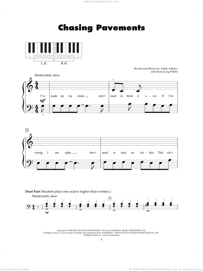 Chasing Pavements sheet music for piano solo (5-fingers) by Adele, Adele Adkins and Francis White, beginner piano (5-fingers)