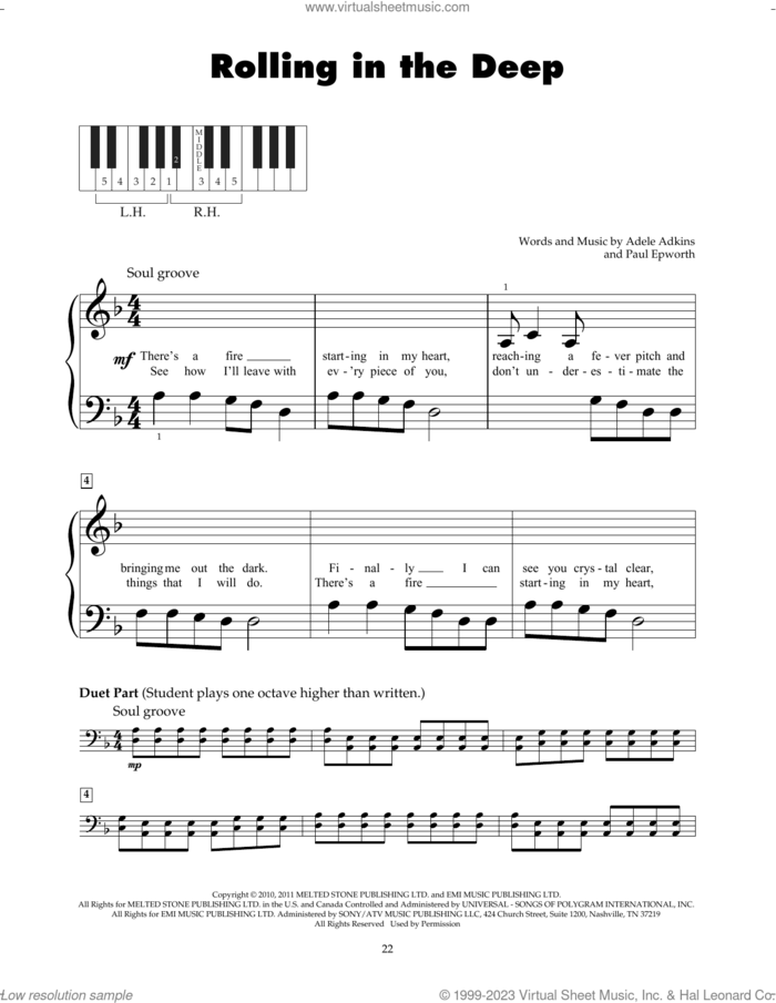 Rolling In The Deep sheet music for piano solo (5-fingers) by Adele, Adele Adkins and Paul Epworth, beginner piano (5-fingers)