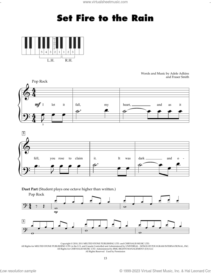 Set Fire To The Rain sheet music for piano solo (5-fingers) by Adele, Adele Adkins and Fraser T. Smith, beginner piano (5-fingers)