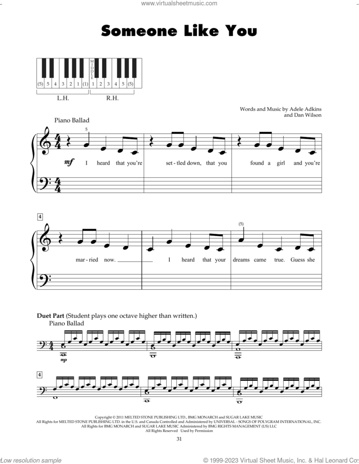 Someone Like You sheet music for piano solo (5-fingers) by Adele, Adele Adkins and Dan Wilson, beginner piano (5-fingers)