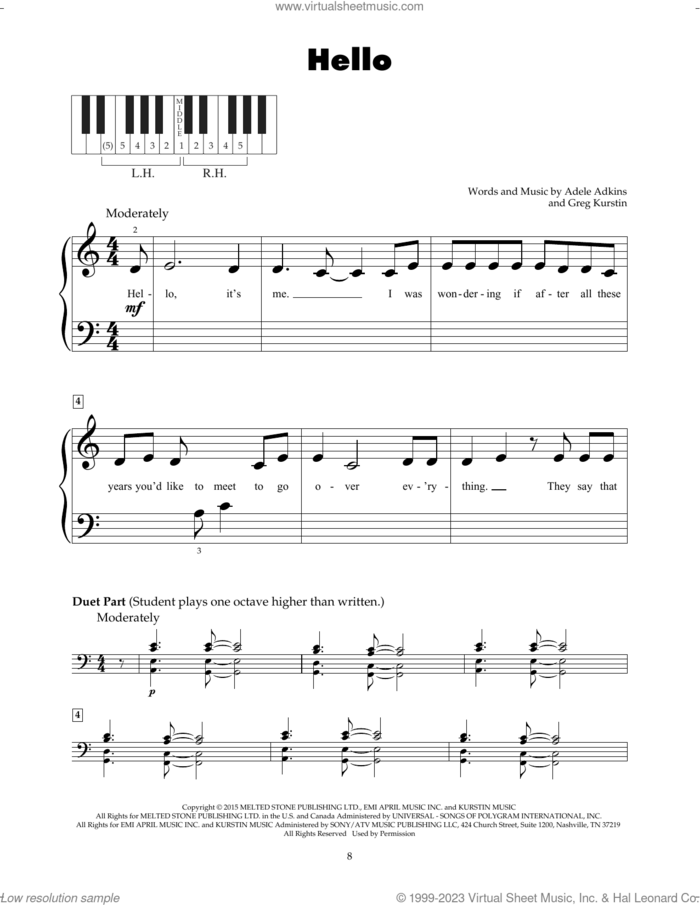 Hello sheet music for piano solo (5-fingers) by Adele, Adele Adkins and Greg Kurstin, beginner piano (5-fingers)