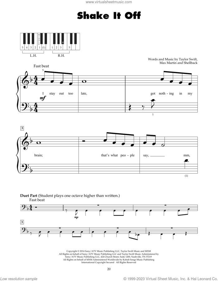Shake It Off sheet music for piano solo (5-fingers) by Taylor Swift, Johan Schuster, Max Martin and Shellback, beginner piano (5-fingers)