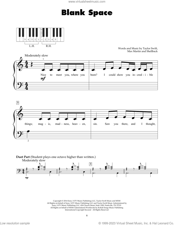 Blank Space sheet music for piano solo (5-fingers) by Taylor Swift, Johan Schuster, Max Martin and Shellback, beginner piano (5-fingers)