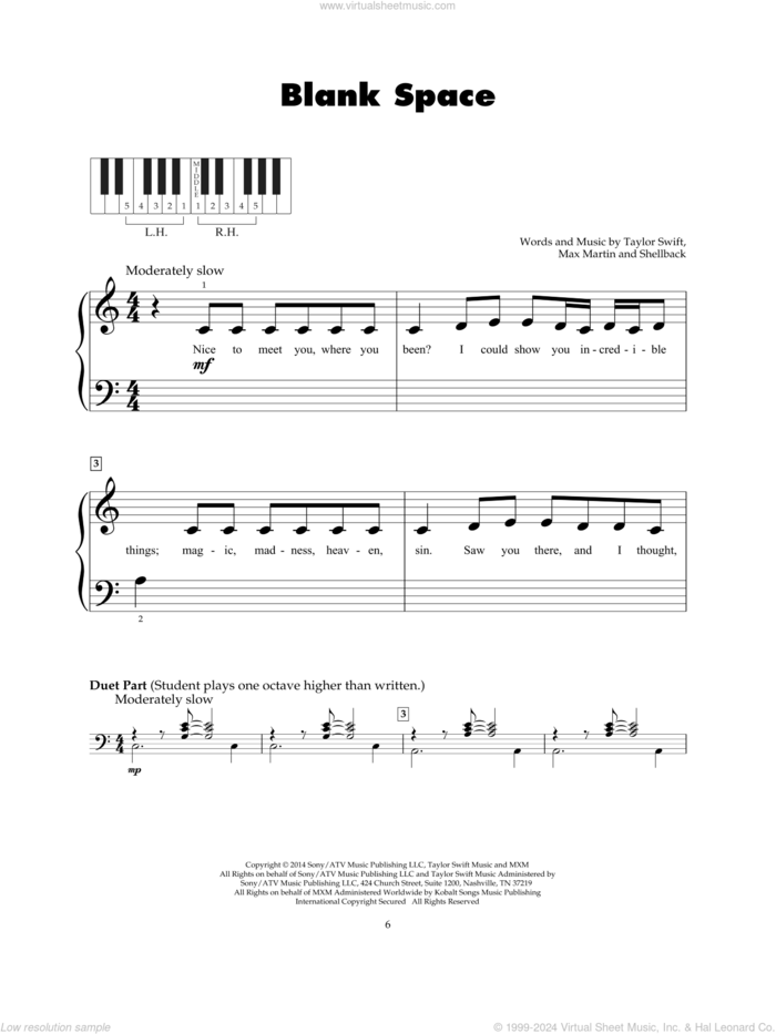 Blank Space sheet music for piano solo (5-fingers) by Taylor Swift, Johan Schuster, Max Martin and Shellback, beginner piano (5-fingers)