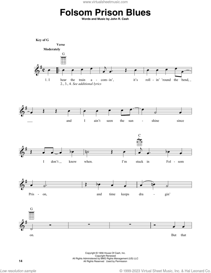 Folsom Prison Blues (arr. Fred Sokolow) sheet music for banjo solo by Johnny Cash and Fred Sokolow, intermediate skill level