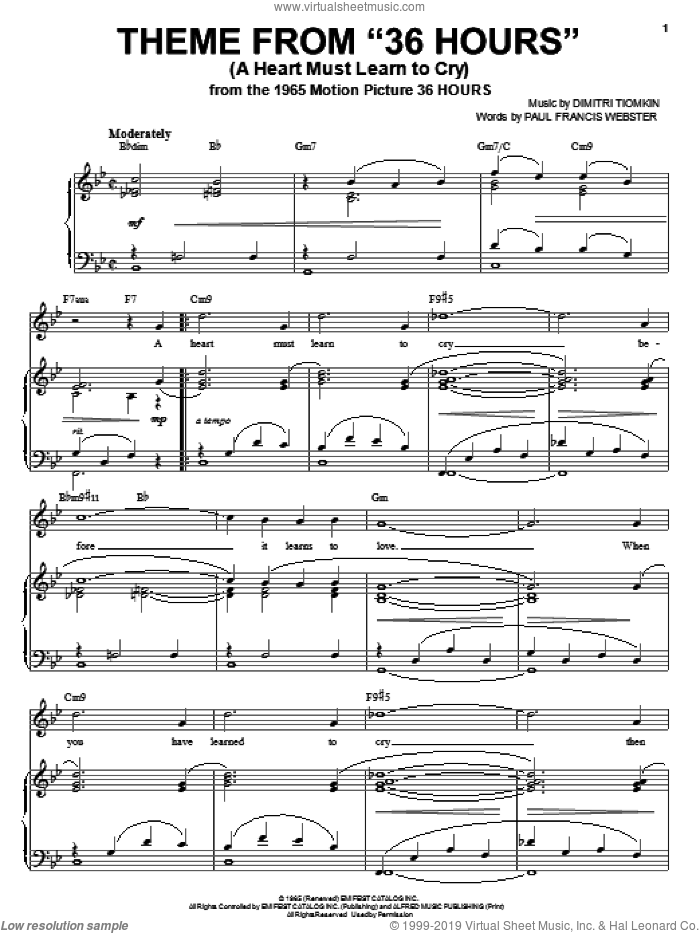 Theme From '36 Hours' sheet music for voice, piano or guitar by Dimitri Tiomkin and Paul Francis Webster, intermediate skill level