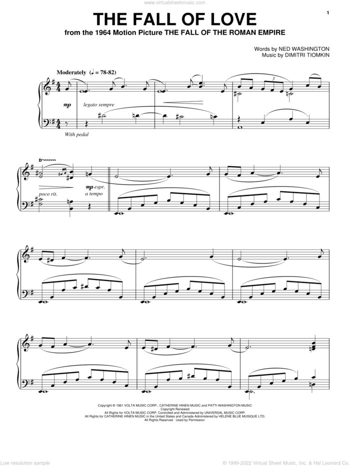 The Fall Of Love sheet music for piano solo by Dimitri Tiomkin and Ned Washington, intermediate skill level