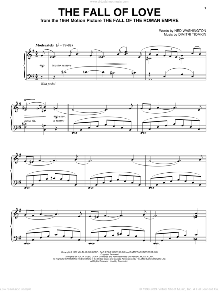 The Fall Of Love sheet music for piano solo by Dimitri Tiomkin and Ned Washington, intermediate skill level