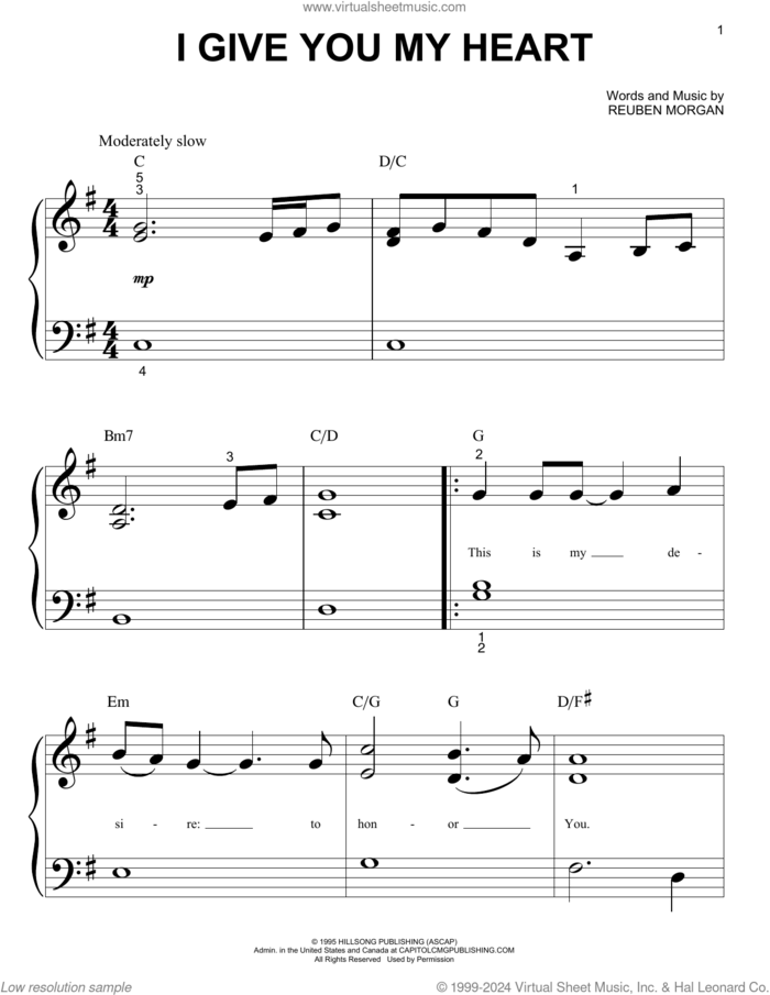 I Give You My Heart sheet music for piano solo (big note book) by Hillsong Worship, Jeff Deyo, The Katinas and Reuben Morgan, easy piano (big note book)