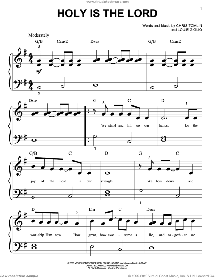 Holy Is The Lord sheet music for piano solo (big note book) by Chris Tomlin, Bethany Dillon and Louie Giglio, easy piano (big note book)