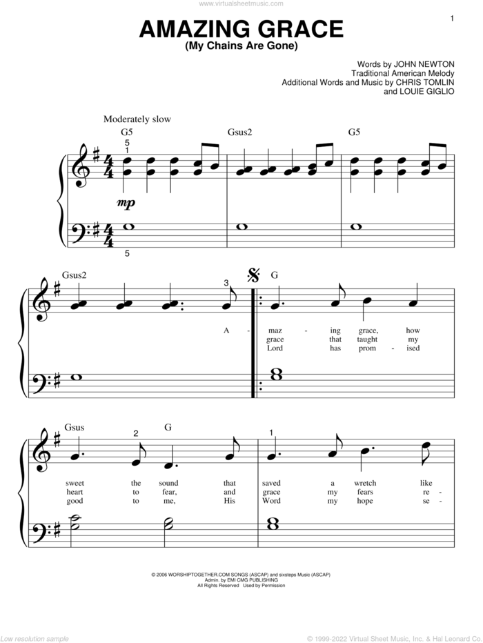 Amazing Grace (My Chains Are Gone) sheet music for piano solo (big note book) by Chris Tomlin, John Newton, Louie Giglio and Miscellaneous, easy piano (big note book)