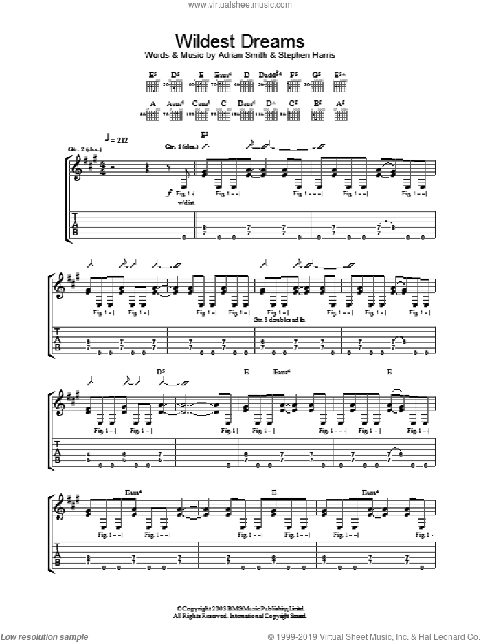 Wildest Dreams sheet music for guitar (tablature) by Iron Maiden, intermediate skill level