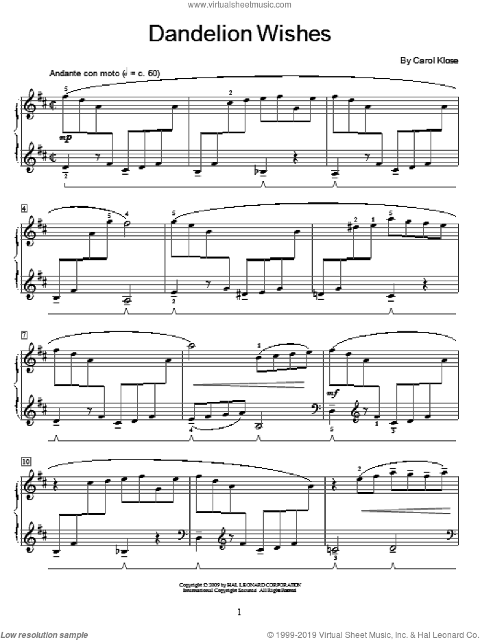 Dandelion Wishes sheet music for piano solo (elementary) by Carol Klose and Miscellaneous, beginner piano (elementary)