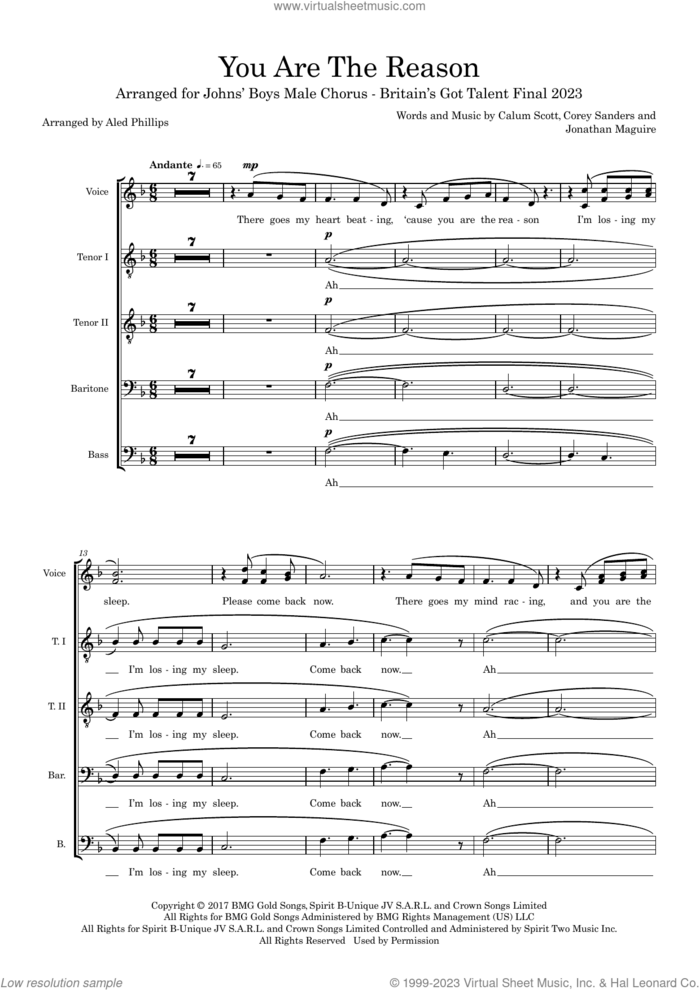You Are The Reason (arr. Aled Phillips) (COMPLETE) sheet music for orchestra/band (TTBB) by Calum Scott, Aled Phillips, Corey Sanders and Jon Maguire, intermediate skill level