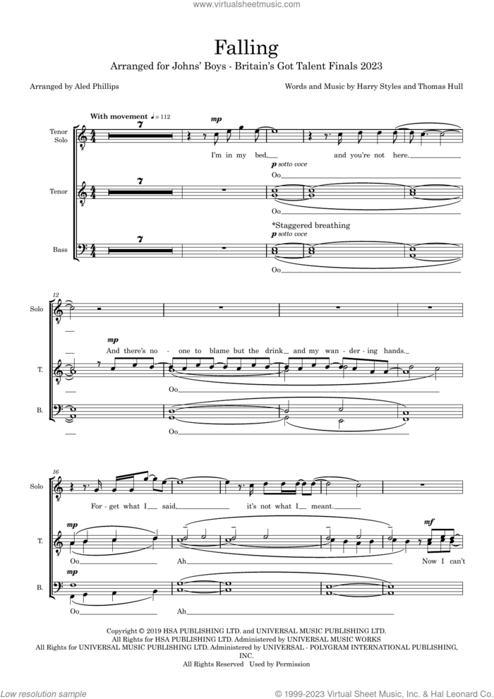 Falling (arr. Aled Phillips) (COMPLETE) sheet music for orchestra/band (TTBB) by Tom Hull, Aled Phillips and Harry Styles, intermediate skill level