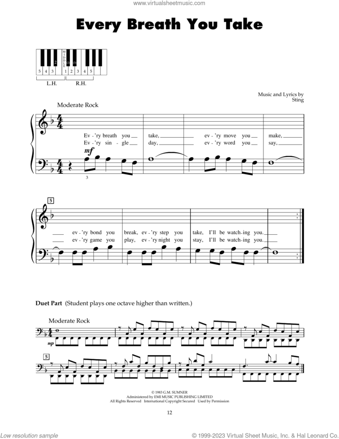 Every Breath You Take sheet music for piano solo (5-fingers) by The Police and Sting, beginner piano (5-fingers)