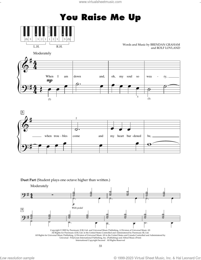 You Raise Me Up sheet music for piano solo (5-fingers) by Josh Groban, Brendan Graham and Rolf Lovland, beginner piano (5-fingers)