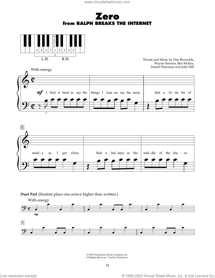 Zero (from Ralph Breaks The Internet) sheet music for piano solo (5-fingers) by Imagine Dragons, Ben McKee, Dan Reynolds, Daniel Platzman, John Hill and Wayne Sermon, beginner piano (5-fingers)