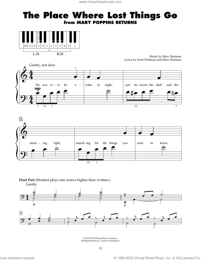 The Place Where Lost Things Go (from Mary Poppins Returns) sheet music for piano solo (5-fingers) by Emily Blunt, Marc Shaiman and Scott Wittman, beginner piano (5-fingers)