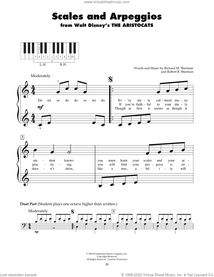 Scales And Arpeggios (from The Aristocats) sheet music for piano solo (5-fingers) by Sherman Brothers, Richard M. Sherman and Robert B. Sherman, beginner piano (5-fingers)