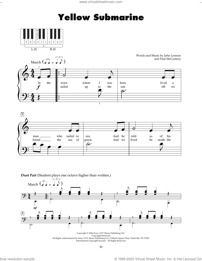 Yellow Submarine sheet music for piano solo (5-fingers) by The Beatles, John Lennon and Paul McCartney, beginner piano (5-fingers)