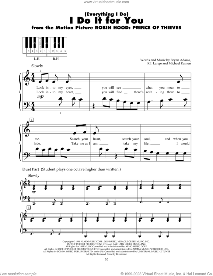 (Everything I Do) I Do It For You sheet music for piano solo (5-fingers) by Bryan Adams, Michael Kamen and Robert John Lange, beginner piano (5-fingers)