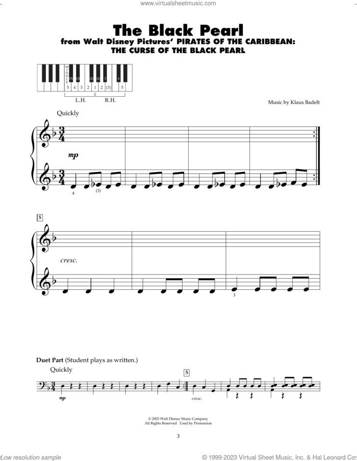The Black Pearl (from Pirates Of The Caribbean: The Curse of the Black Pearl) sheet music for piano solo (5-fingers) by Klaus Badelt, beginner piano (5-fingers)