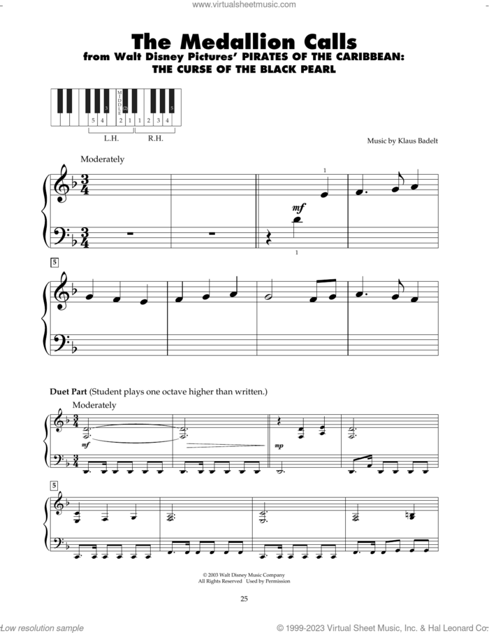 The Medallion Calls (from Pirates Of The Caribbean: The Curse of the Black Pearl) sheet music for piano solo (5-fingers) by Klaus Badelt, beginner piano (5-fingers)