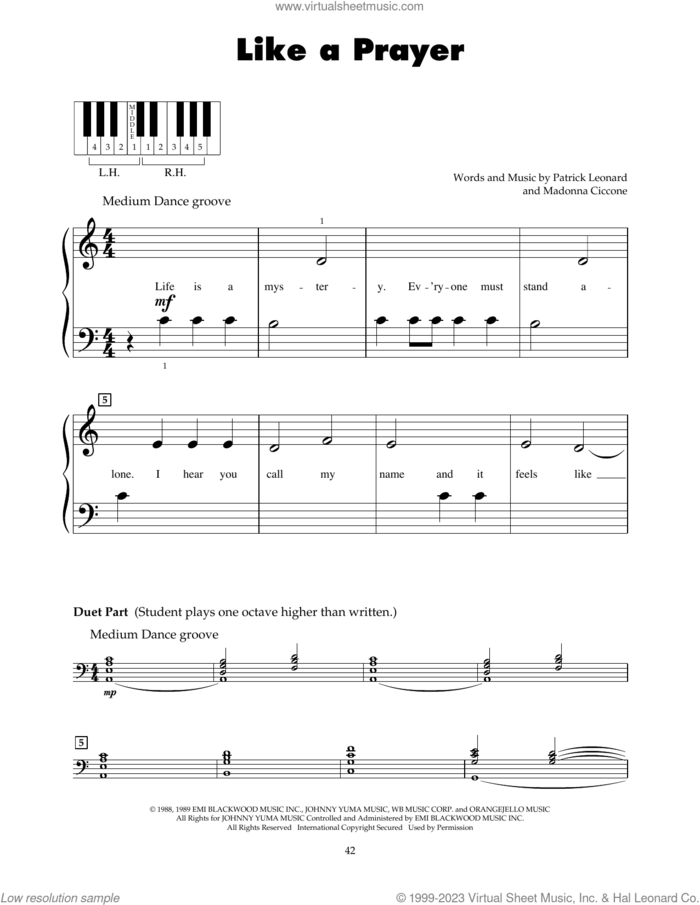 Like A Prayer sheet music for piano solo (5-fingers) by Glee Cast (feat. Jonathan Groff), Madonna and Patrick Leonard, beginner piano (5-fingers)