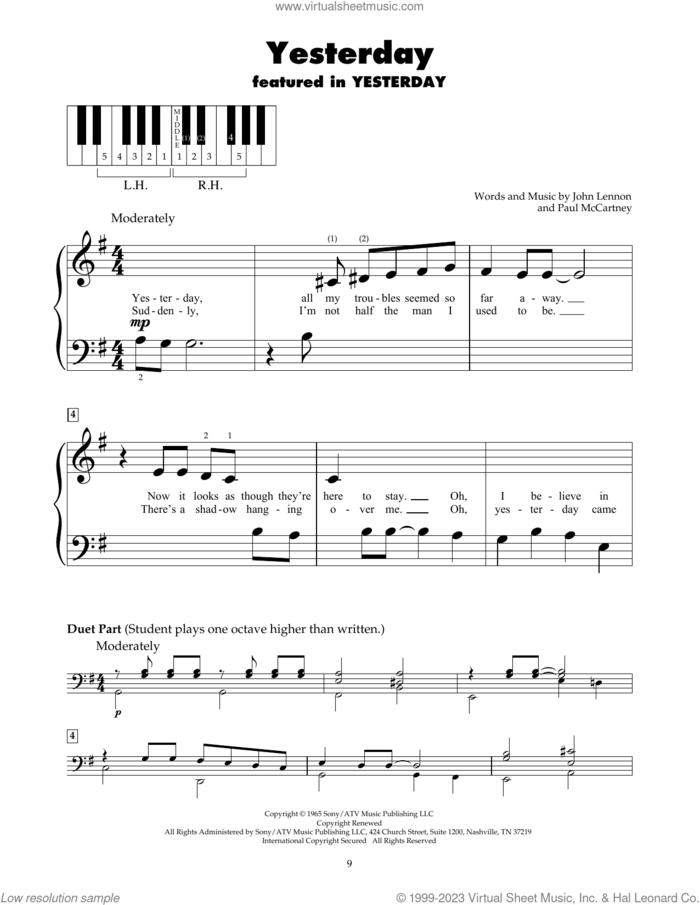 Yesterday sheet music for piano solo (5-fingers) by The Beatles, Boyz II Men, John Lennon and Paul McCartney, beginner piano (5-fingers)