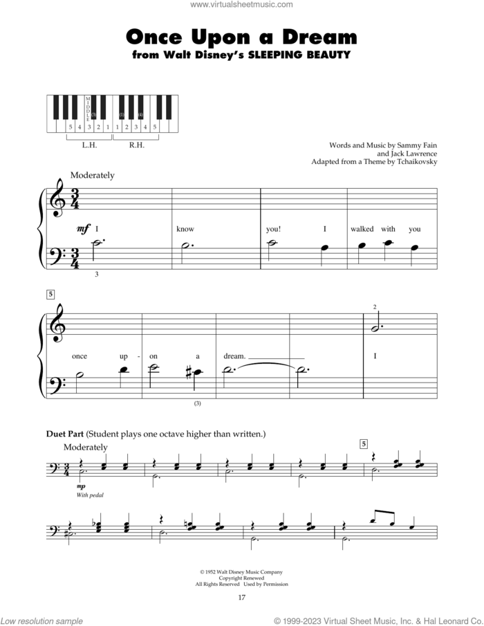 Once Upon A Dream (from Sleeping Beauty) sheet music for piano solo (5-fingers) by Sammy Fain and Jack Lawrence, beginner piano (5-fingers)