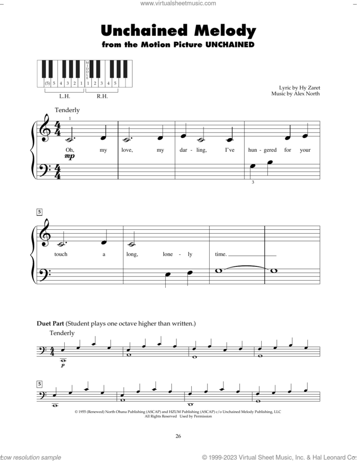 Unchained Melody sheet music for piano solo (5-fingers) by The Righteous Brothers, Alex North and Hy Zaret, beginner piano (5-fingers)