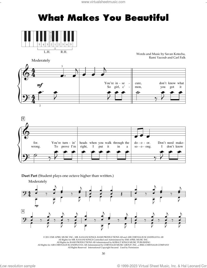 What Makes You Beautiful sheet music for piano solo (5-fingers) by One Direction, Carl Falk, Rami and Savan Kotecha, beginner piano (5-fingers)
