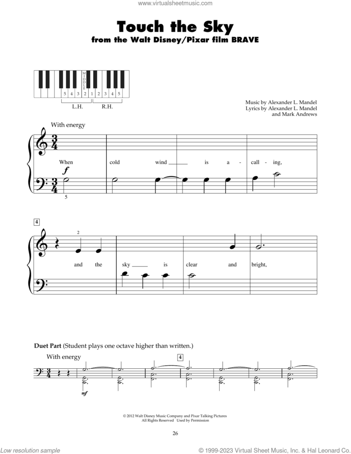 Touch The Sky (from Brave) sheet music for piano solo (5-fingers) by Julie Fowlis, Alexander L. Mandel and Mark Andrews, beginner piano (5-fingers)