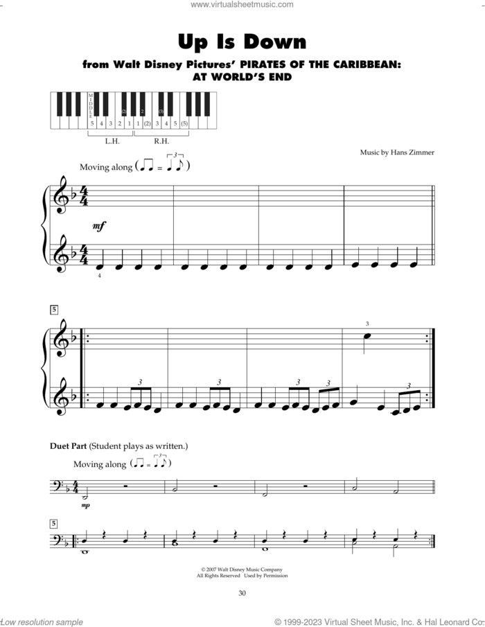 Up Is Down (from Pirates Of The Caribbean: At World's End) sheet music for piano solo (5-fingers) by Hans Zimmer, beginner piano (5-fingers)