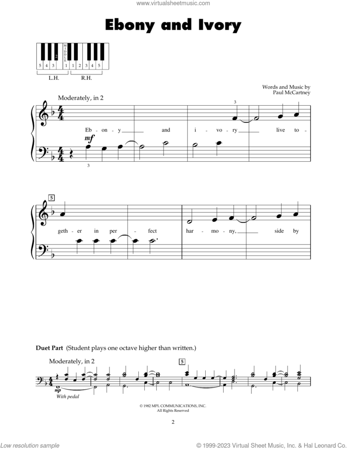 Ebony And Ivory sheet music for piano solo (5-fingers) by Paul McCartney and Stevie Wonder and Paul McCartney, beginner piano (5-fingers)