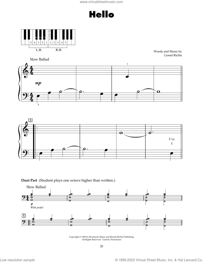 Hello sheet music for piano solo (5-fingers) by Glee Cast (feat. Jonathan Groff) and Lionel Richie, beginner piano (5-fingers)