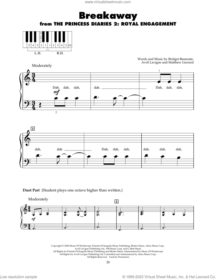 Breakaway sheet music for piano solo (5-fingers) by Kelly Clarkson, Avril Lavigne, Bridget Benenate and Matthew Gerrard, beginner piano (5-fingers)